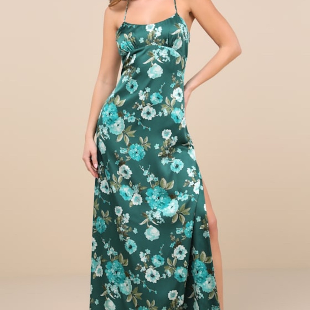 Lulus Wondrous Allure Green Floral Satin Backless Maxi Dress - Size M